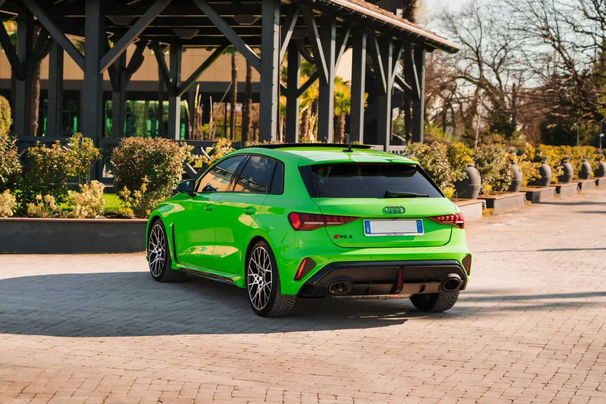 Audi RS3 Restyling 2025, exterior — Ibiza Luxury Car Rental, Ibiza. Audi RS3 Restyling in Ibiza An Audi RS3 Restyling hire in Ibiza delivers 400 horsepower…