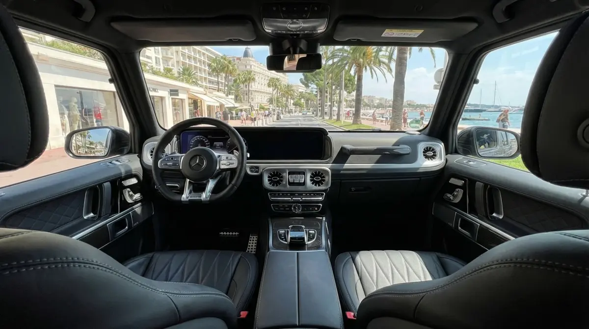 Mercedes Benz G63 2023, interior — Ibiza Luxury Car Rental, Ibiza. Mercedes Benz G63 in Ibiza A Mercedes Benz G63 rental in Ibiza combines 585 horsepower…