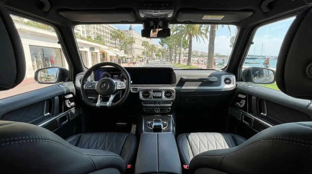 Mercedes Benz G63 2023, interior — Ibiza Luxury Car Rental, Ibiza. Mercedes Benz G63 in Ibiza A Mercedes Benz G63 rental in Ibiza combines 585 horsepower…