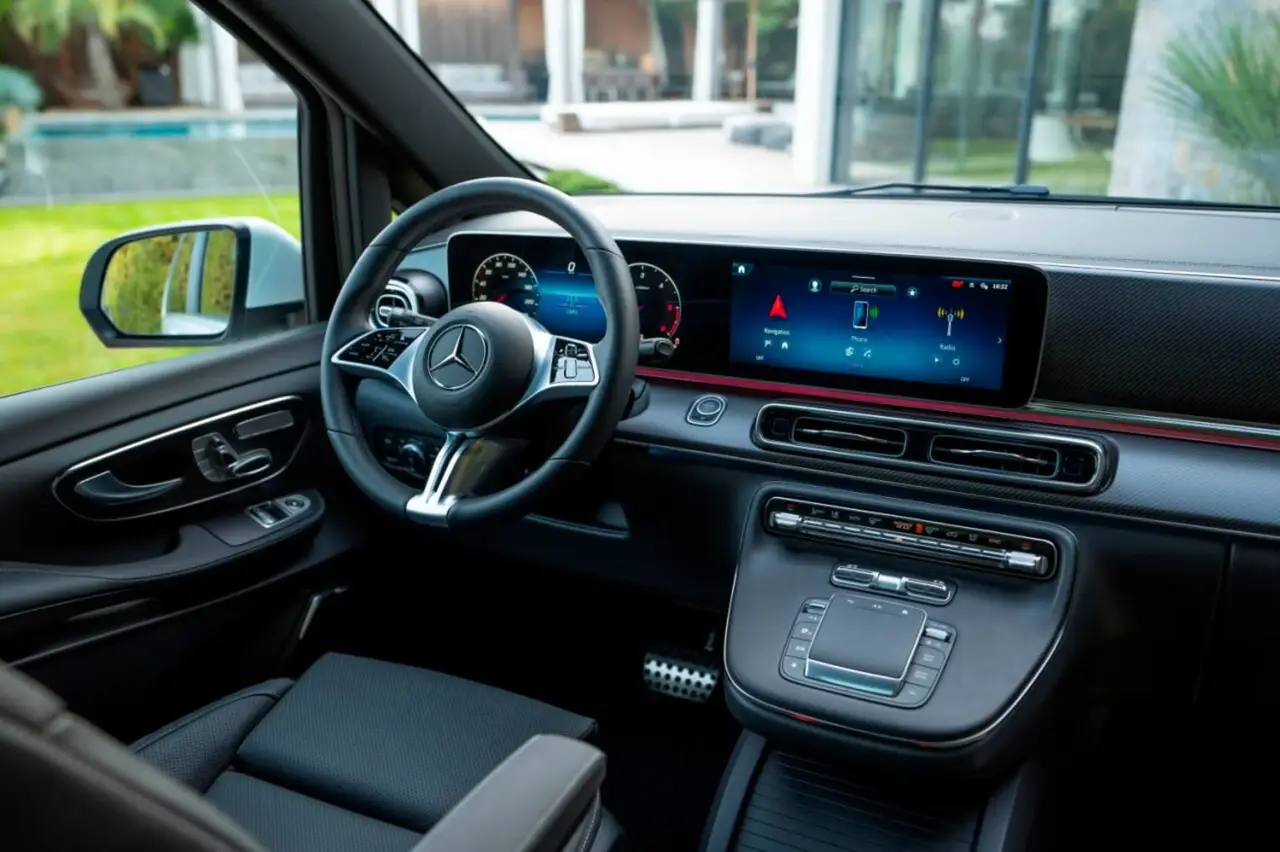 Mercedes Benz V300 8 seats 2025, dashboard — Ibiza Luxury Car Rental, Ibiza. Mercedes Benz V300 8 seats in Ibiza A Mercedes Benz V300 8 seats hire in Ibiza delivers…